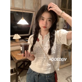 Áo len dệt kim cổ polo trắng rỗng dáng rộng và mỏng thủ công móc áo len dệt kim dành cho nữ