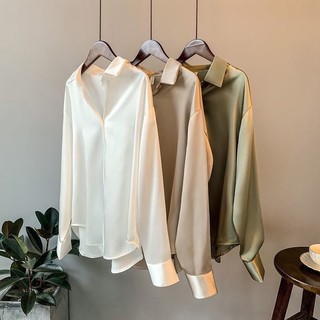 NUZIRO Áo sơ mi satin dài tay dành cho nữ mới đa năng xếp nếp cổ điển phong cách Hồng Kông áo sơ mi pullove top