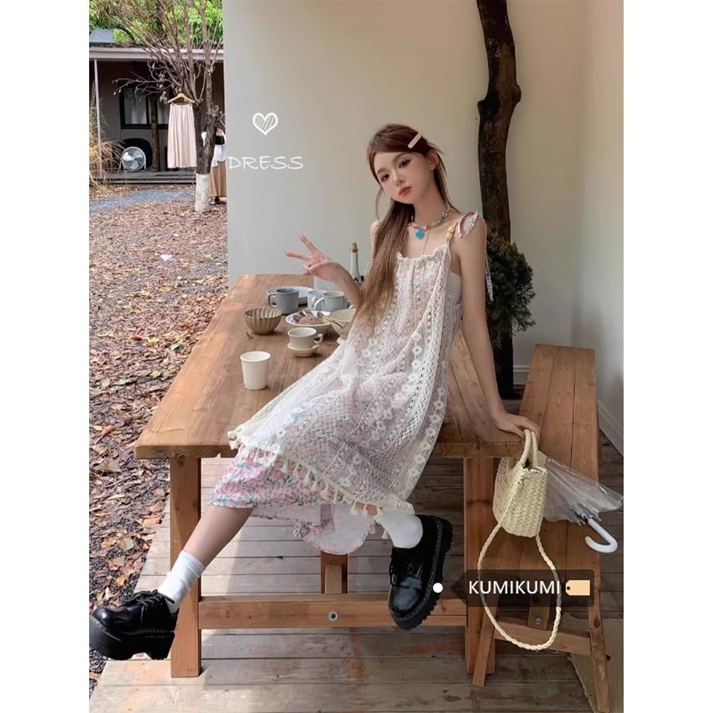 kumikumi Đầm ren trắng ngọt ngào phiên bản Hàn Quốc dành cho nữ Đầm thường ngày