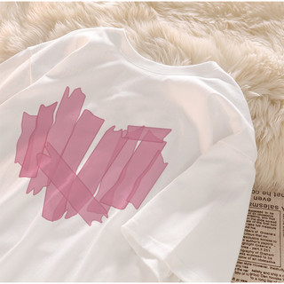 Áo thun trắng họa tiết trái tim Áo thun nữ cổ tròn mới đa năng 100% cotton