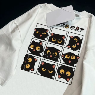 Áo thun trắng họa tiết mèo Áo thun nữ cổ tròn mới đa năng 100% cotton