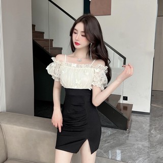 Gợi Cảm Gạc Khâu Cotton Chặt Mông Cổ Cổ Cổ Thấp Đeo Vai Váy Nhỏ Hộp Đêm Đầm Nhỏ Kỳ Nghỉ Giải Trí Đảng Da