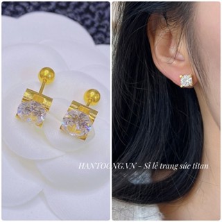 Bông tai titan cao cấp không gỉ mạ vàng 24k thiết kế gắn đá pha lê vuông lấp lánh thời trang sang trọng dành cho nữ