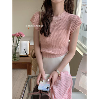 Áo len dệt kim nữ phiên bản Hàn Quốc mới cổ tròn màu trơn áo ngắn tay