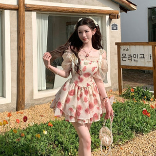 Phiên Bản Hàn Quốc Tươi Du Lịch Kỳ Nghỉ Hoa Sling Dress Nữ Slim-fit Nẹp Thắt Nơ In Voan A @ -