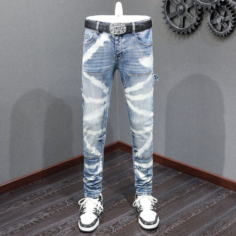 Amiri Street Fashion Men Jeans Vintage Blue Tight Fit Stripe Craft Button Design High Quality Hip Hop Style Men Jeans