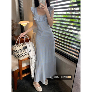 kumikumi Váy màu xanh ren hoa không tay cổ vuông thời trang dành cho nữ