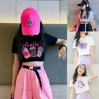 Áo thun Cotton thời trang mùa hè 3-12 tuổi Áo Crop Top dành cho bé gái Phong cách Hàn Quốc Thiết kế in hình Áo ngắn tay thông thường