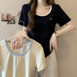 NZN Áo thun crop top tương phản thời trang Hàn Quốc dành cho nữ thiết kế thêu cổ tròn áo thun ngắn tay