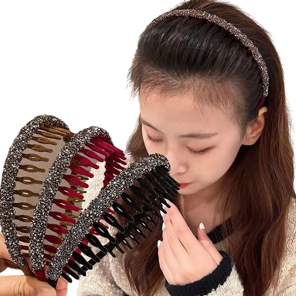 Thời Trang Băng Đô Cài Tóc Màu Trơn Đính Đá Có Răng Chống Trượt Cho Nữ Mới