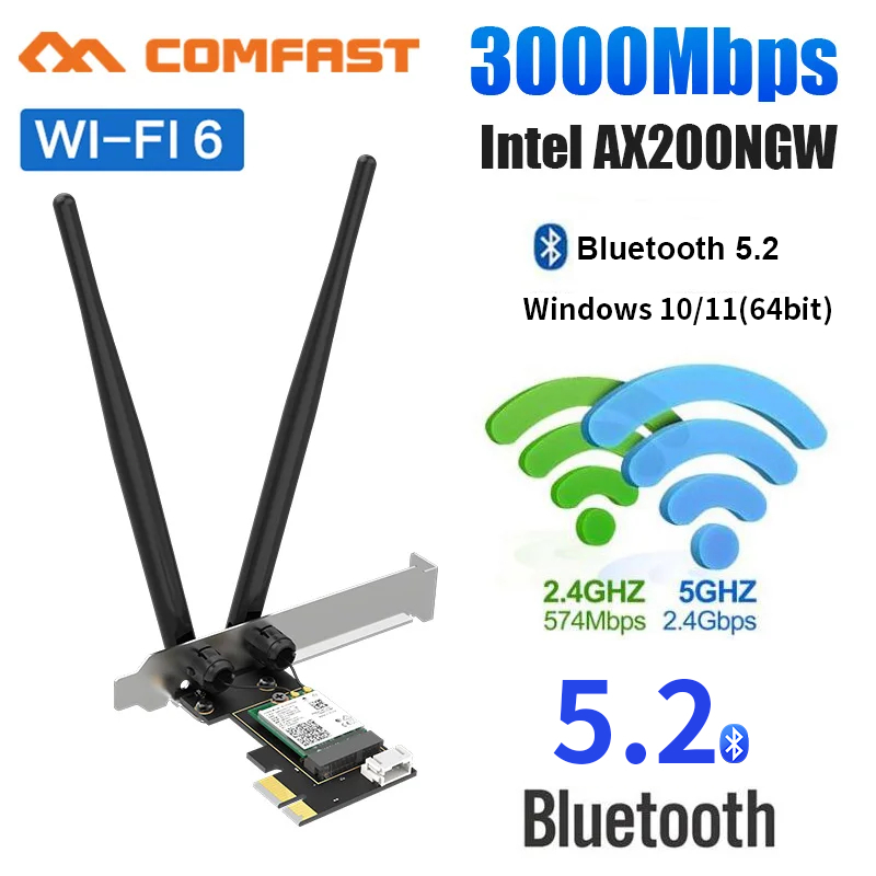 Wif6 pcie wifi card Inter AX200 AX3000 bluetooth5.2 Thẻ wifi tốc độ cao băng tần kép Bluetooth Bộ ch