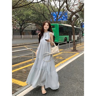Không Tay Dây Cổ Họa Tiết Sling Đầm Nữ Đi Biển Kỳ Nghỉ Pháp Drape Váy Dài