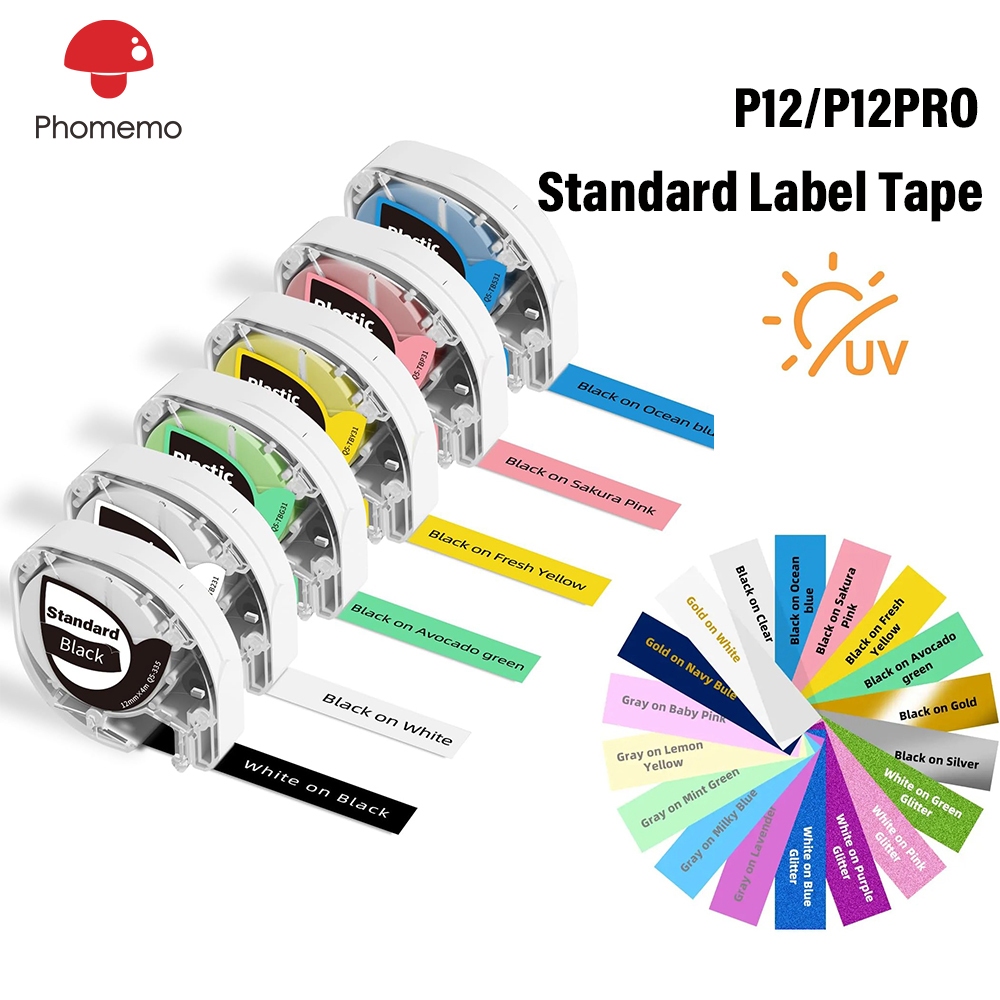 Băng ruy băng nhãn tiêu chuẩn bằng nhựa Phomemo cho máy in P12 / P12 Pro 12mm x 4m, 3 gói