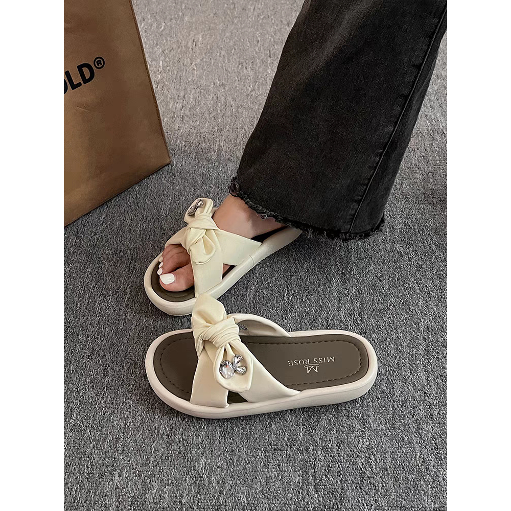 Dép nữ thời trang Dép lê đế mềm đính đá nơ 2023 mẫu mới