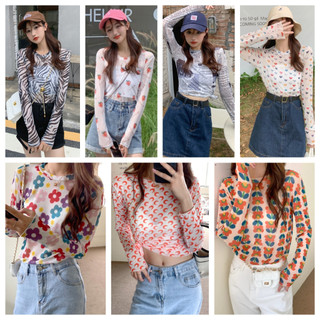Mùa hè băng lụa chống nắng quần áo nữ dài tay lưới áo thun top mỏng phong cách in hình