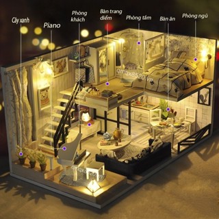  Mô hình lắp ráp Diy house Mô hình nhà gỗ búp bê Dollhouse DIY 【Tặng đèn LED+keo+pin+che bụi Mô hình nhà mini 