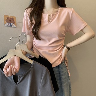 【W】Áo thun ngắn tay  cổ chữ V rách eo cao áo thun nữ