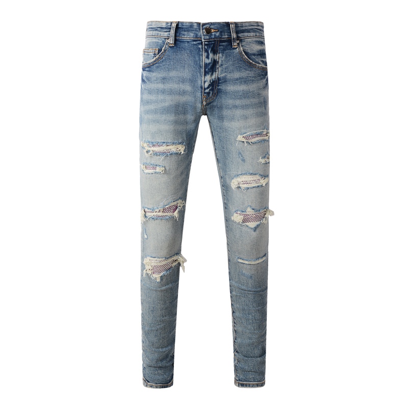 Amiri High Street Fashion New Men Jeans Blue Tight Beaded Patch Design High Quality Zipper Men Jeans