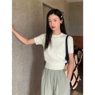 QKOOLE Mới Nữ Màu Trơn Retro Cổ Tròn Tay Ngắn Top Pháp Bé Gái Eo Bọc Áo Thun Tay Ngắn Cho Nữ