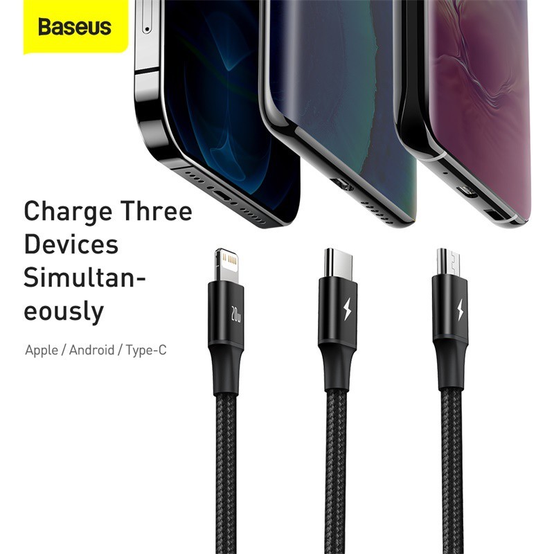 Cáp dữ liệu sạc nhanh Baseus 3 trong 1 USB Type C 20W PD Type-C sang C + L + C | BigBuy360 - bigbuy360.vn