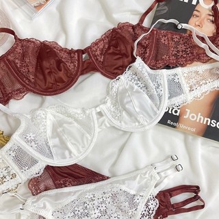 Bộ Đồ Lót Ren Siêu Mỏng Áo Ngực Nữ Satin Quần Lót Thời Trang 3 Màu Dây Quần Lót