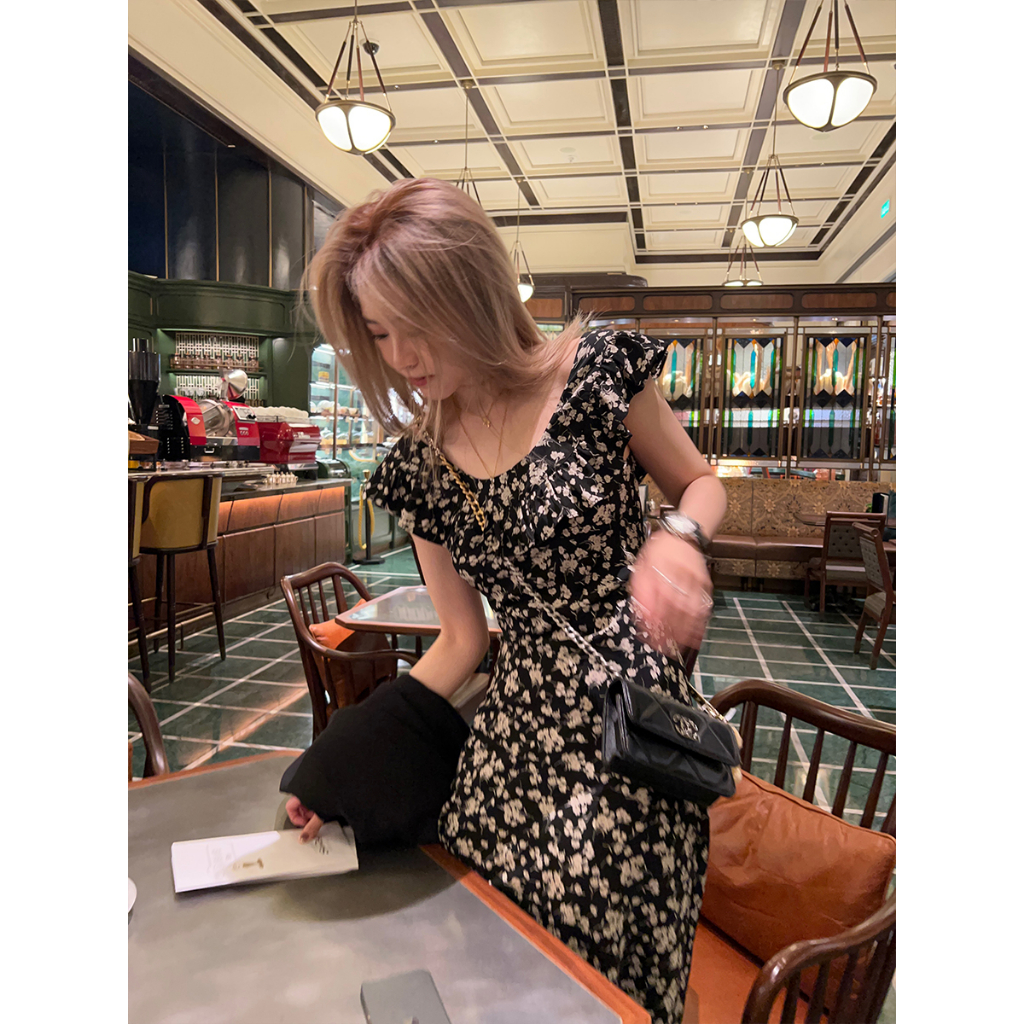 Suxi Floral Slim Fit Black Đầm Dự Tiệc Nữ Mùa Hè Váy Chữ A Dài Vừa Phải Hoa