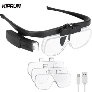 Kính lúp băng đô KIPRUN có đèn, Kính lúp gắn đầu có thể sạc lại USB có hộp đựng, Kính lúp chiếu sáng 2 đèn LED rảnh tay với 3 khe cắm đôi ống kính