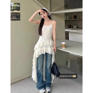 kumikumi Đầm đeo chéo thiết kế không đều màu trơn mới dành cho nữ Hàn Quốc