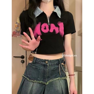 Ethelgirl Hàn Quốc Quần Áo Nữ Thời Trang Denim Cổ POLO "Chữ" In Hình Áo Thun Nữ Quần Áo Slim Top