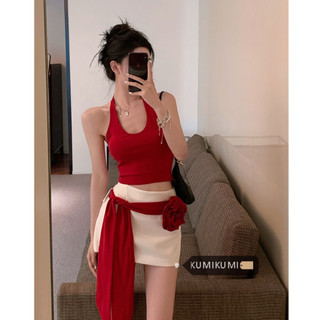 kumikumi Dây đeo cổ chữ V thắt lưng hoa mùa hè dành cho nữ Bộ váy ngắn