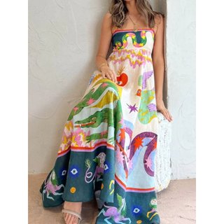 Phụ nữ phong cách mới treo váy mùa hè cổ điển in không tay maxi dài đi biển ngày lễ váy có sẵn hàng mới
