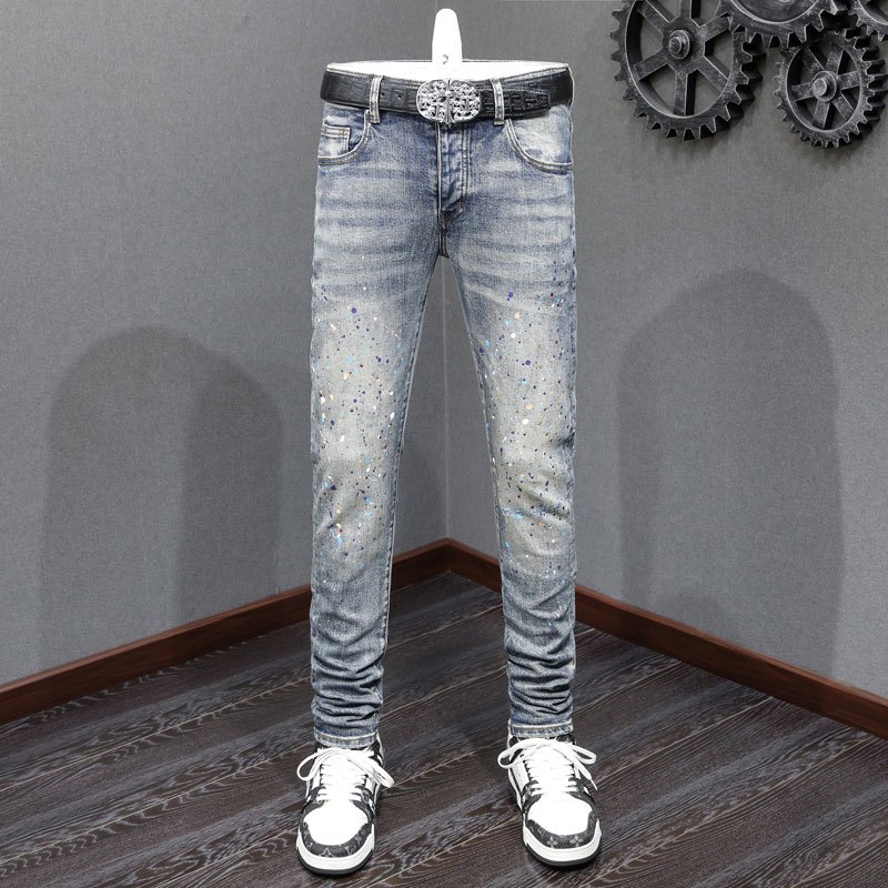 Amiri High Street Fashion Men Jeans Blue Slim Fit Colorful Paint Graffiti Craft Button Design High Quality Men Jeans