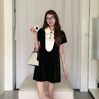 Phiên Bản Hàn Quốc Thời Trang Thường Ngày Đầm Satin Nữ Ôm Ôm Nẹp Nhung Ve Áo Retro Đen Trắng Tương Phản Khâu Ngắn-