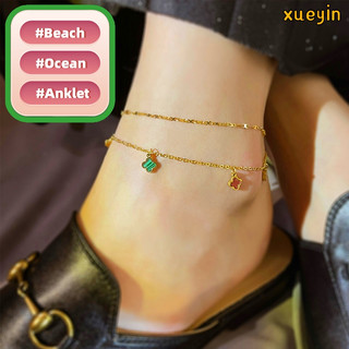 Màu Cỏ RINHOO FRIENDSHIP Ba Lá Thép Titan Hai Lớp Chân Vòng Chân Dây Xích Nữ May Mắn Tươi Phụ Kiện