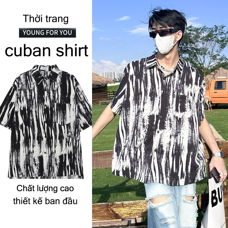 YHTN áo sơ mi nam chất lượng cao cuban shirt lụa somi sơmi hoạ tiết cấp áp tay ngắn họa cộc ao so đen vải hàn quốc form rộng đũi thoáng mát không nhăn kiểu bigsize đẹp ái sơ mi lụa nam