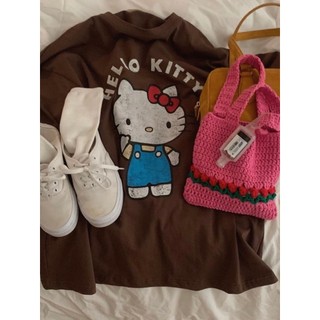 Ethelgirl Quần áo nữ Hàn Quốc "Hello Kitty" in cổ tròn Tất cả trận đấu Áo thun ngắn tay Oversize top