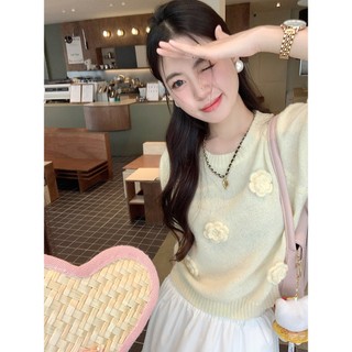 Áo thun dệt kim hoa ba chiều lòng đỏ trứng dành cho nữ mới phong cách Hàn Quốc cổ tròn ngọt ngào
