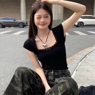 Áo Thun Bay Tay Mùa Hè Phong Cách Mới Ren Cạnh Vuông Áo Thun Slim Ngắn Top