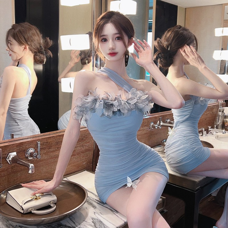 Câu Lạc Bộ Đêm Lưới Gợi Cảm Hoa Khâu Một Vai Sling Đáy Hông Váy Năn Skinny Không Tay Váy Kỳ Nghỉ Giải Trí Tiệc Hẹn Hò Mặc