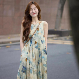 Du Lịch Pháp Kỳ Nghỉ Hoa Gợi Cảm Nữ Rời Ôm Hơn Nhìn Mực Tranh In Hình Cổ Tròn Không Tay Giữa Chiều Dài Chữ A Váy Voan