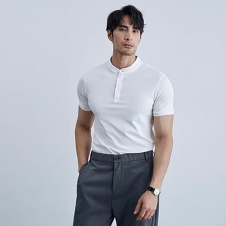 Công Sở Slim-fit Henry Cổ Áo Thun Nam Nhẹ Phong Cách Trưởng Thành Màu Trơn Áo Thun Nửa Tay Nam Mùa Hè Slim-fit Áo Sơ Mi polo Đen Đứng Cổ Nửa Tay