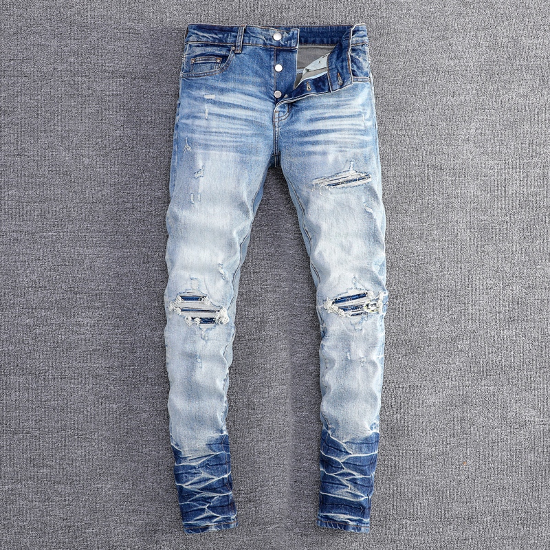 Amiri High Street Fashion Men Jeans Blue Slim Fit Patch Splicing Craft Design High Quality Men Hip Hop Style Jeans