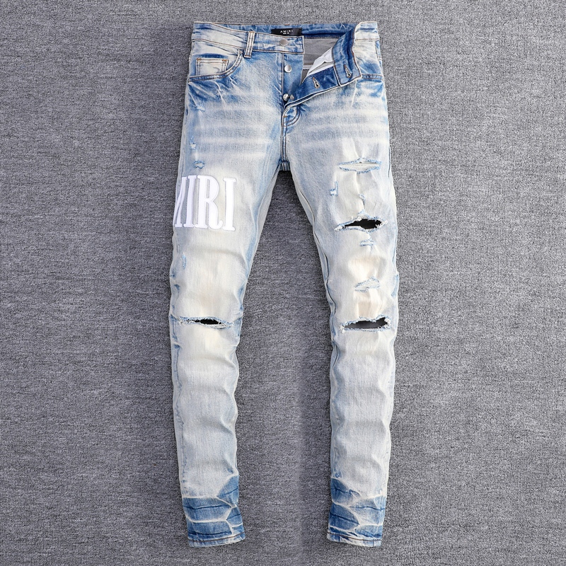 Amiri Street fashion men jeans with light blue distressed slim fit design and printing technology hip-hop style men jeans