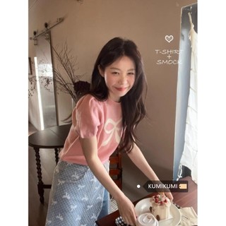 kumikumi 2024 Áo thun ngắn tay cổ tròn dệt kim cổ tròn Hàn Quốc mới dành cho nữ