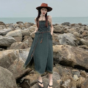 NZN Váy denim cổ điển Mỹ eo mùa hè thiết kế mỏng cảm giác váy dài tua rua sundress