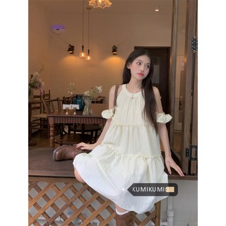 kumikumi Thời trang nữ ngọt ngào lệch vai bằng gỗ treo cổ Váy trắng