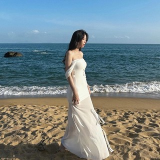 Klalien Mùa Hè Mới Nữ Đi Biển Phong Cách Kỳ Nghỉ Sang Trọng Màu Trơn Áo Ngực Thiết Kế Cảm Giác Nơ Thắt Nơ Ôm Quấn Hông Dài Đầm