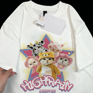 Áo thun trắng họa tiết năm con mèo Áo thun nữ cổ tròn mới đa năng hàng đầu 100% cotton