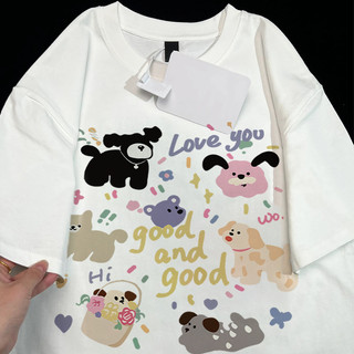 Áo thun trắng có họa tiết hoạt hình chó con Áo thun cổ tròn nữ mới đa năng hàng đầu 100% cotton