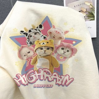 Áo thun mơ họa tiết năm con mèo Áo thun nữ cổ tròn mới đa năng hàng đầu 100% cotton